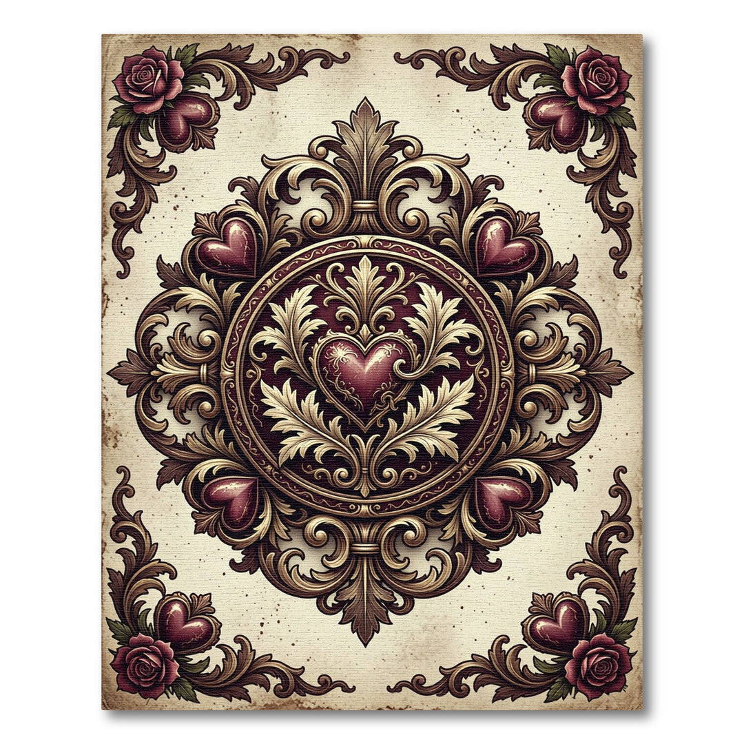 Ornate Red Hearts Gold Border Rug