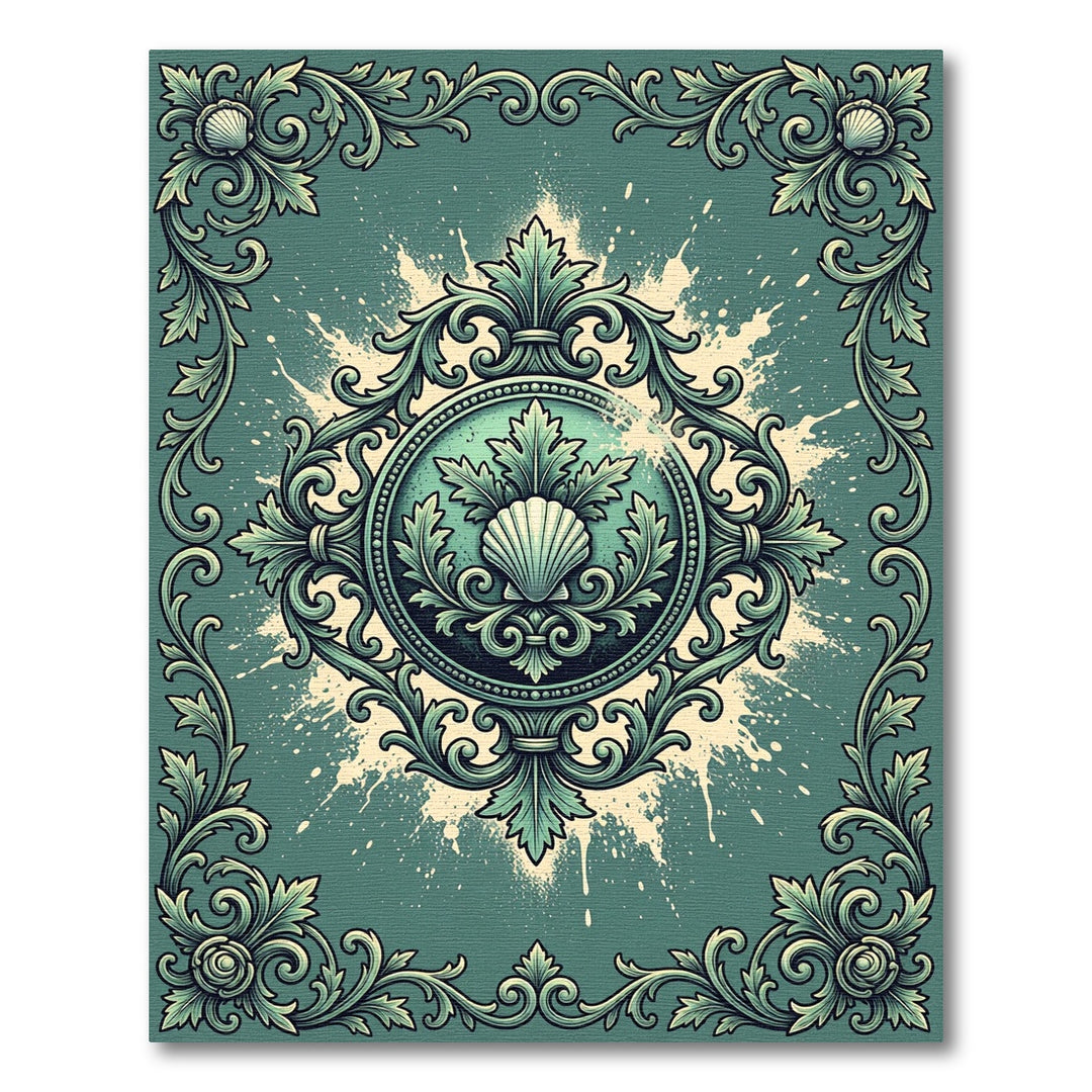 Green Scrollwork Seashell Emblem Rug