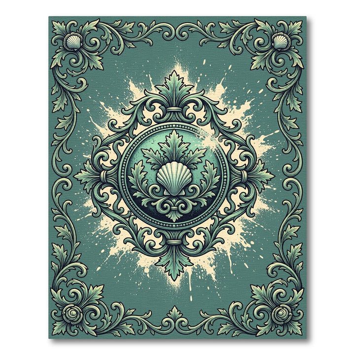 Green Scrollwork Seashell Emblem Rug