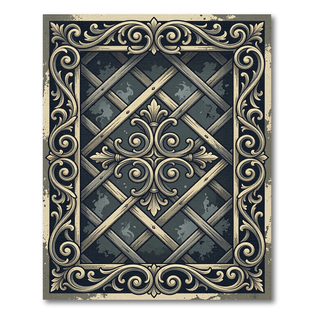 Ornate Scrollwork Lattice Emblem Detail Rug