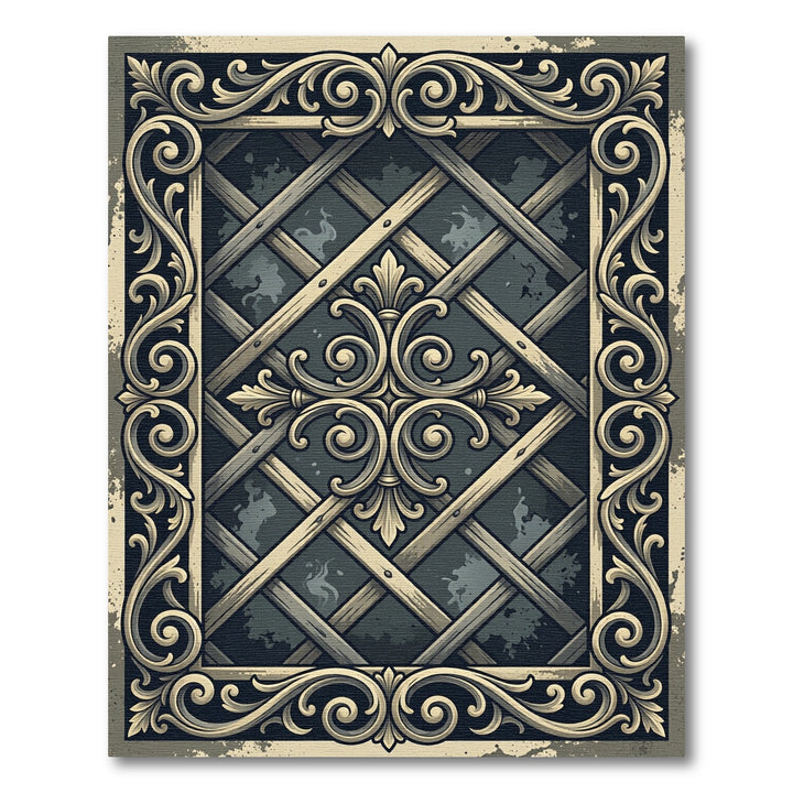 Ornate Scrollwork Lattice Emblem Detail Rug