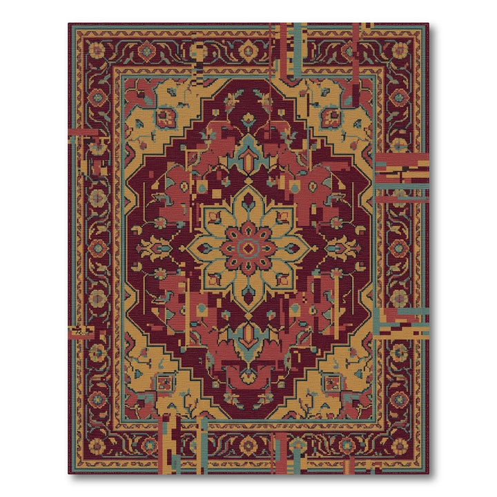 Crimson Golden Medallion Glitch Rug