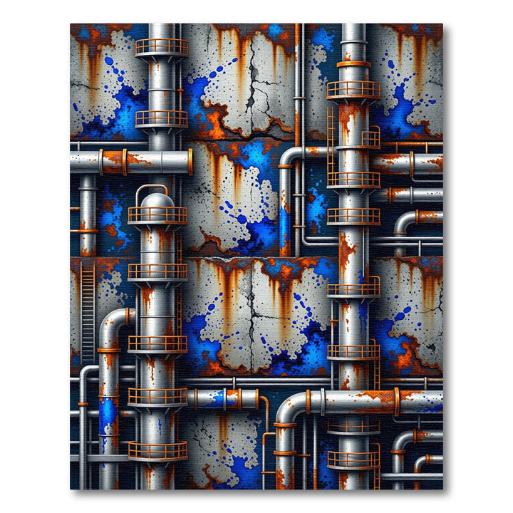 Industrial Blue Rusted Pipes Collage Rug