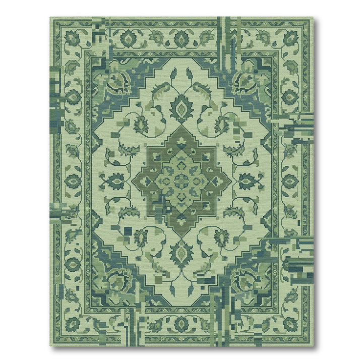 Muted Green Pixelated Floral Medallion Rug