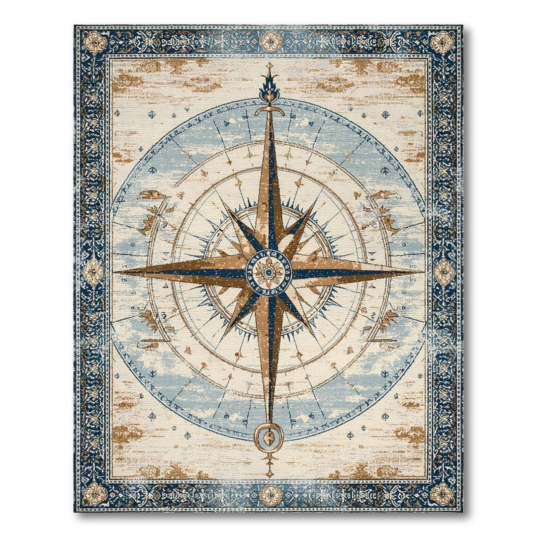 Distressed Vintage Compass Blue Area Rug