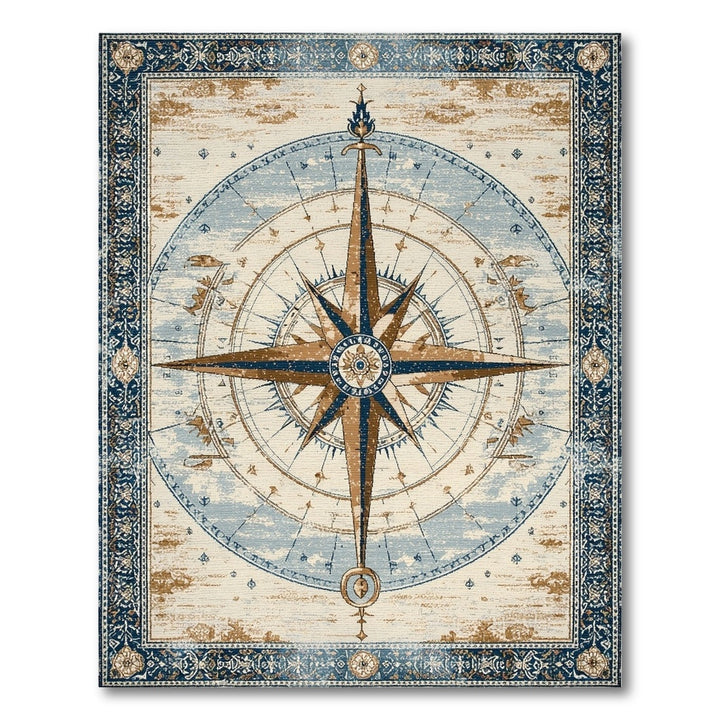 Distressed Vintage Compass Blue Area Rug