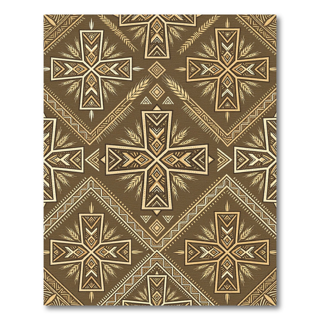 Golden Geometric Cross Wheat Rug