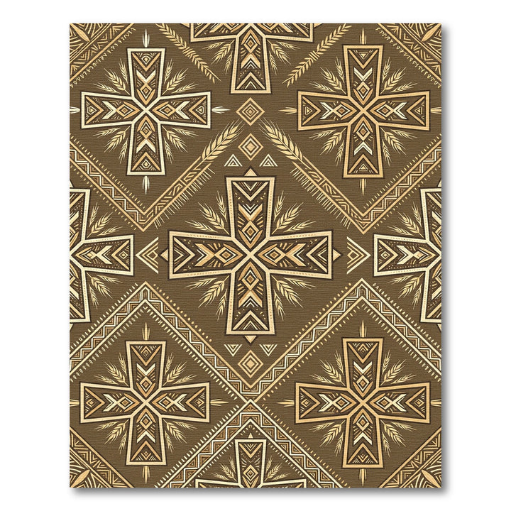 Golden Geometric Cross Wheat Rug