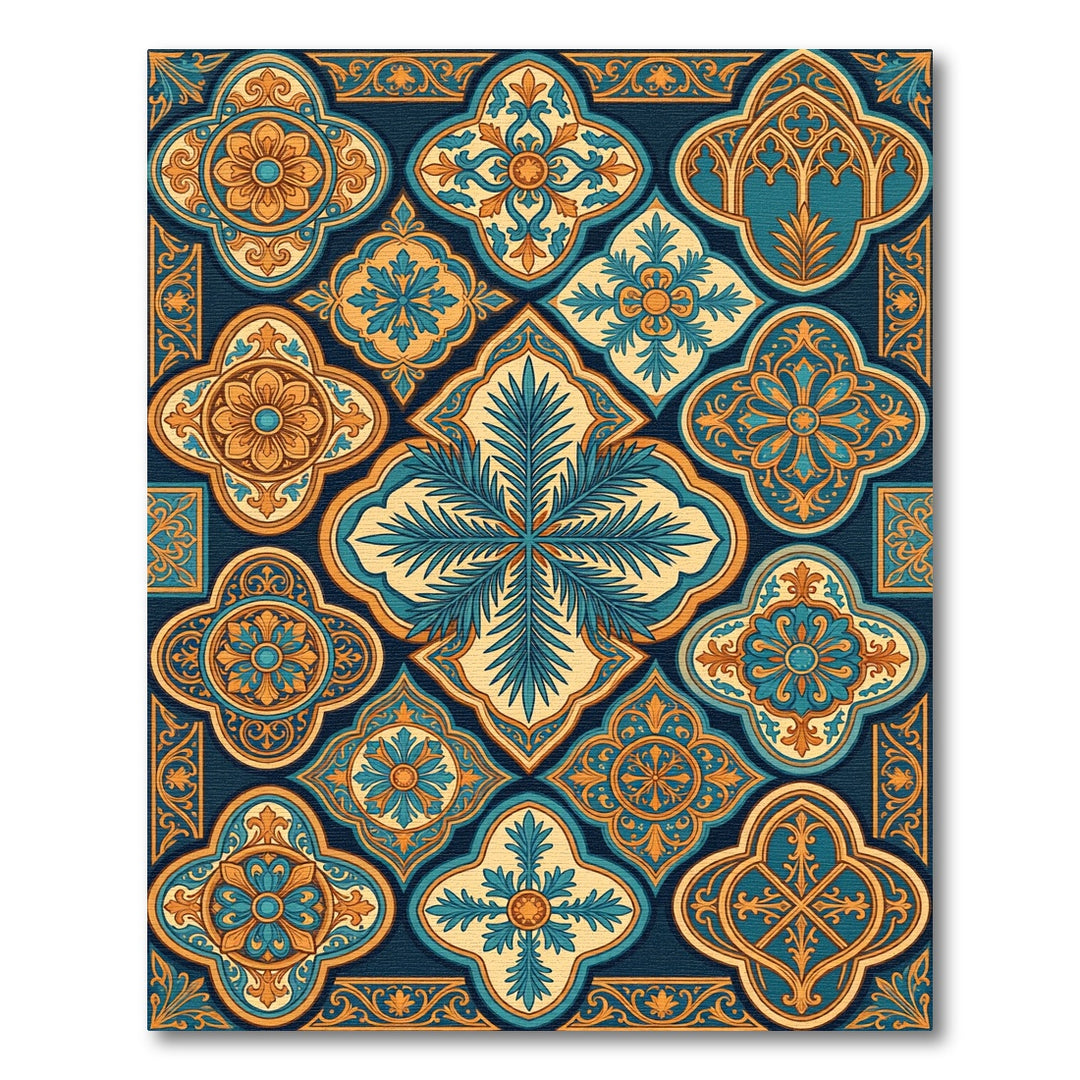 Ornate Teal Gold Arabesque Medallion Rug