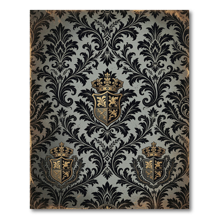 Elegant Black Gold Damask Crest Rug