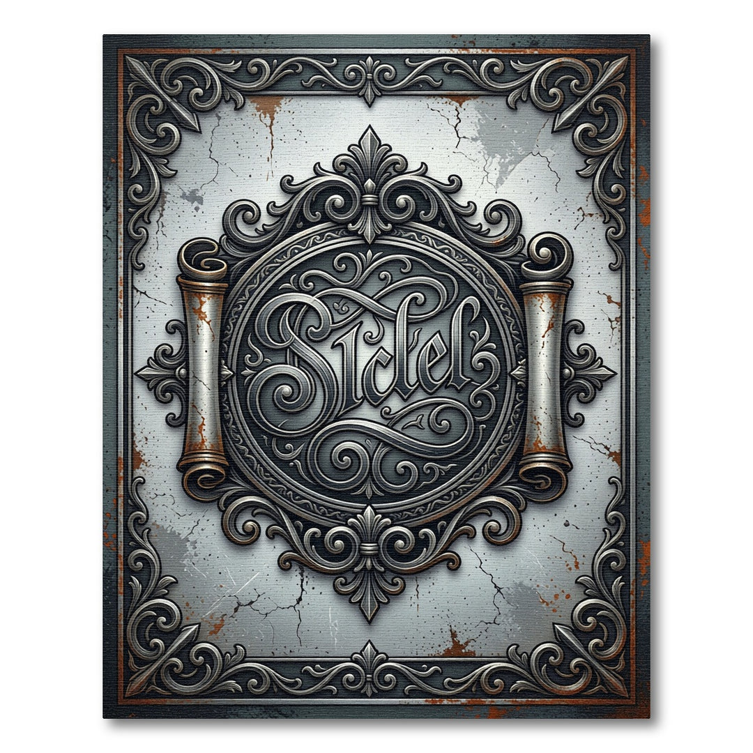 Ornate Silver Scroll Emblem Rug