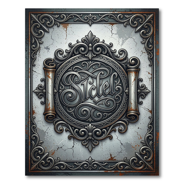 Ornate Silver Scroll Emblem Rug