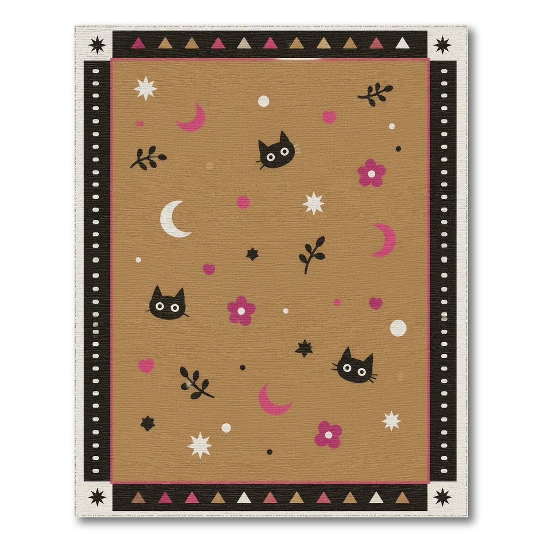 Black Cat Moon Kids Cartoon Rug in Brown Tan