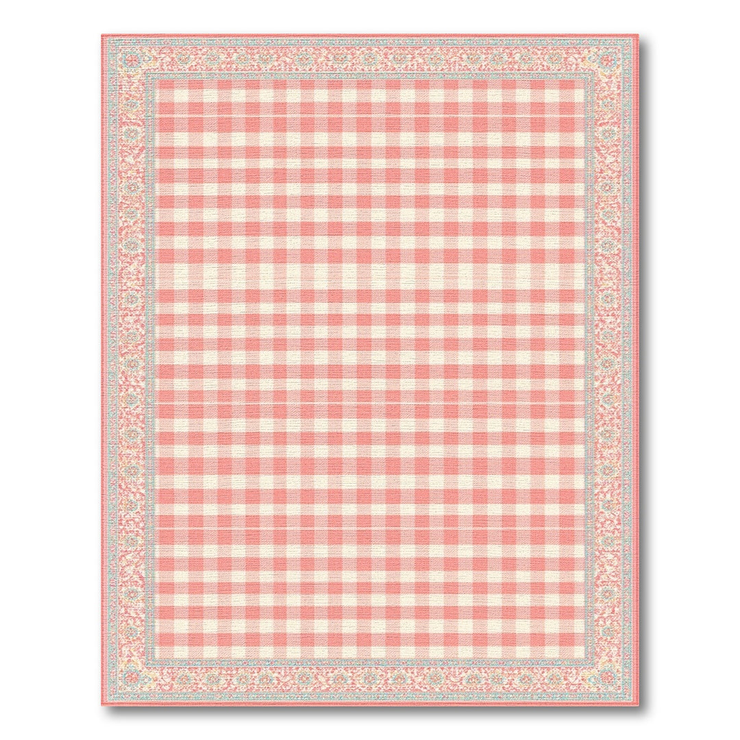 Pink Gingham Floral Border Area Rug