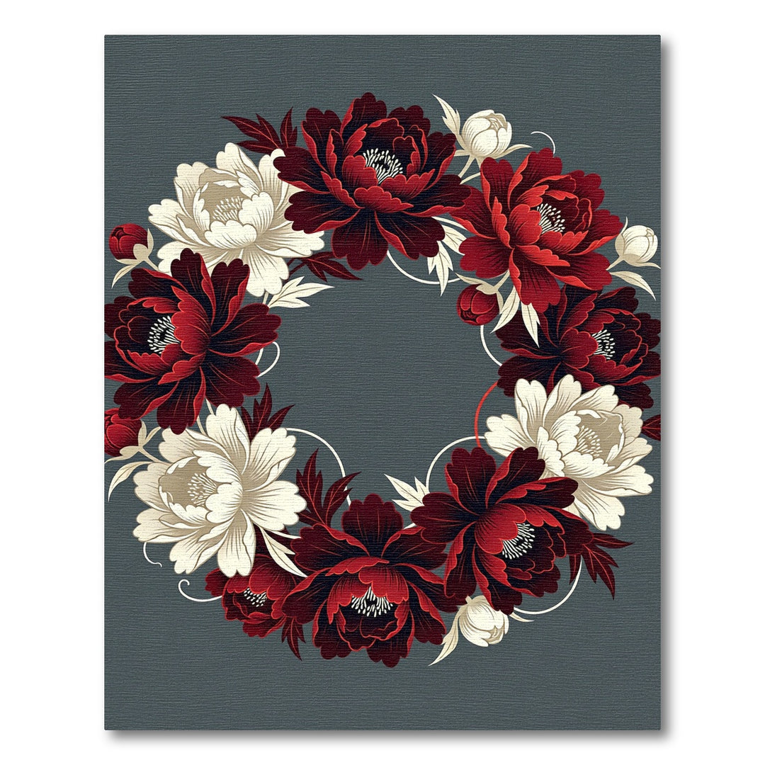 Crimson White Peony Floral Wreath Rug