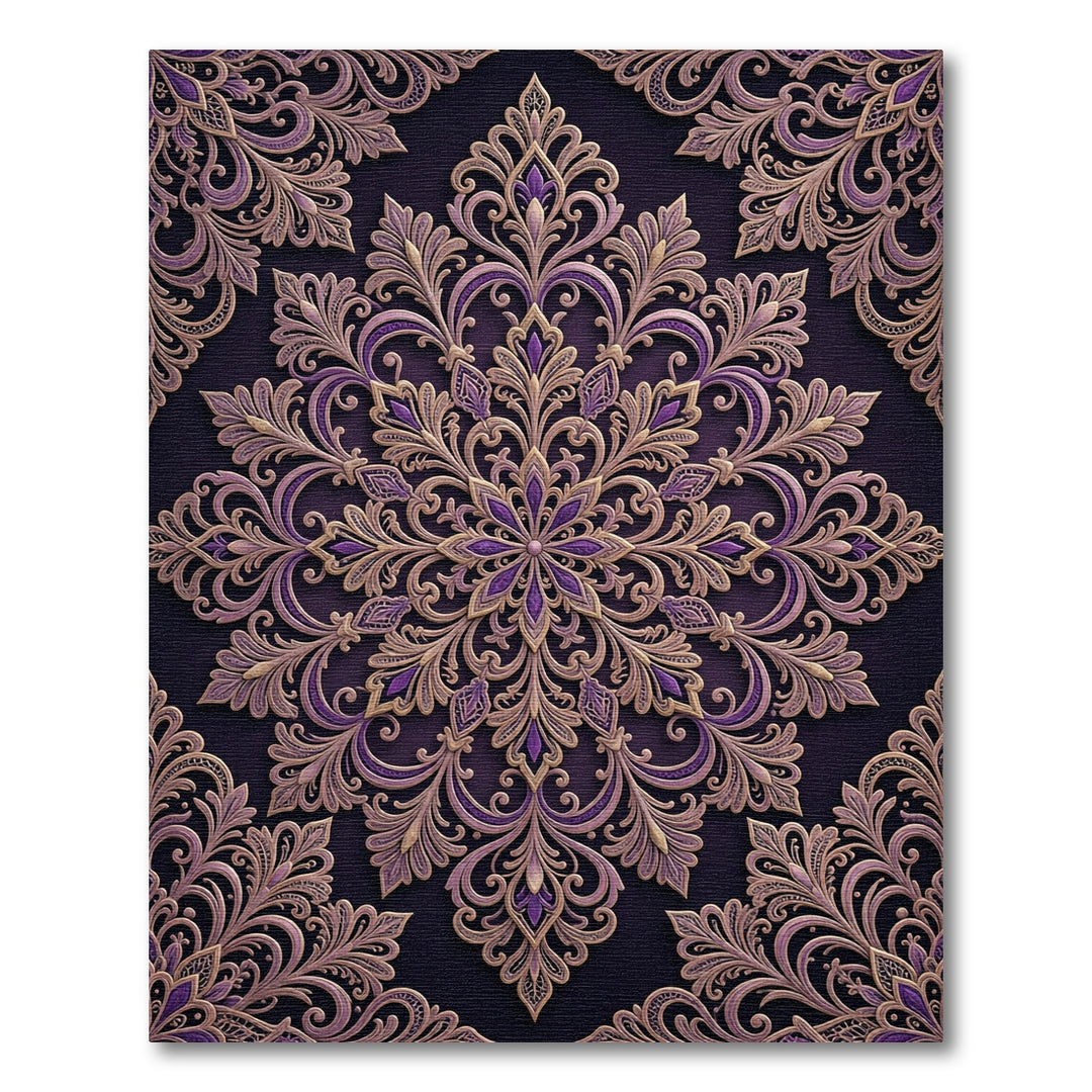 Ornate Purple Gold Damask Mandala Rug