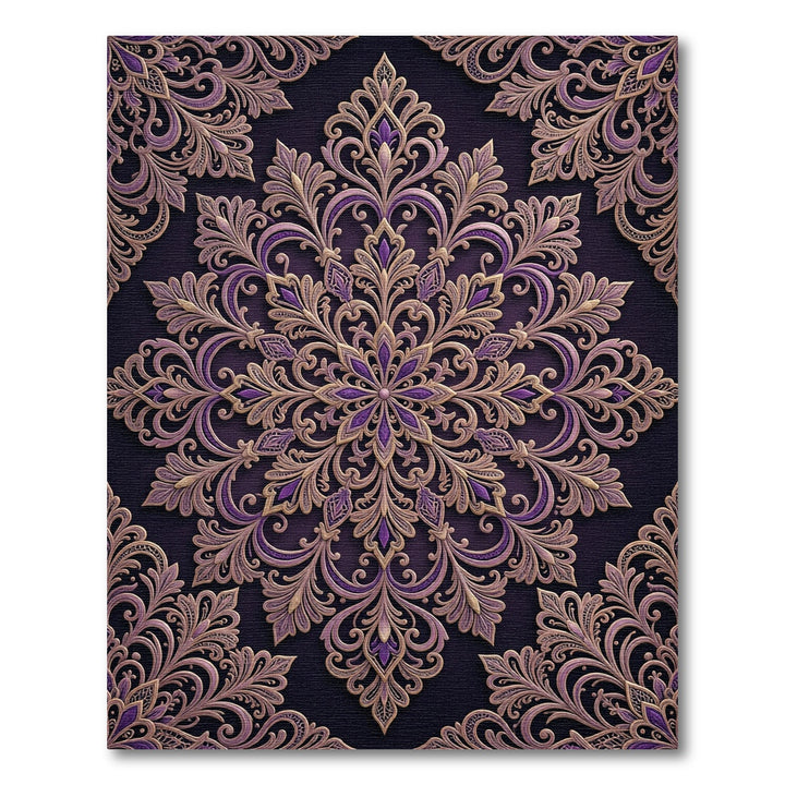 Ornate Purple Gold Damask Mandala Rug