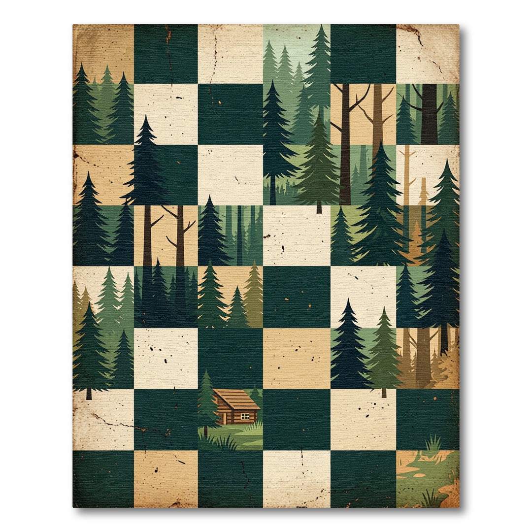 Woodland Cabin Green Forest Squares Rug