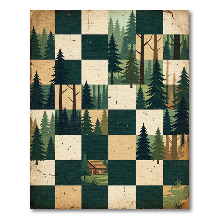 Woodland Cabin Green Forest Squares Rug