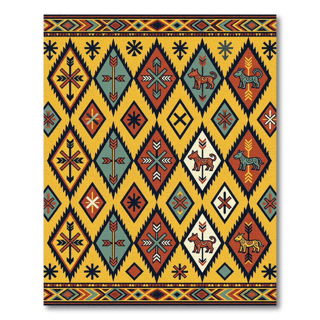 Tribal Dog Diamond Yellow Rug