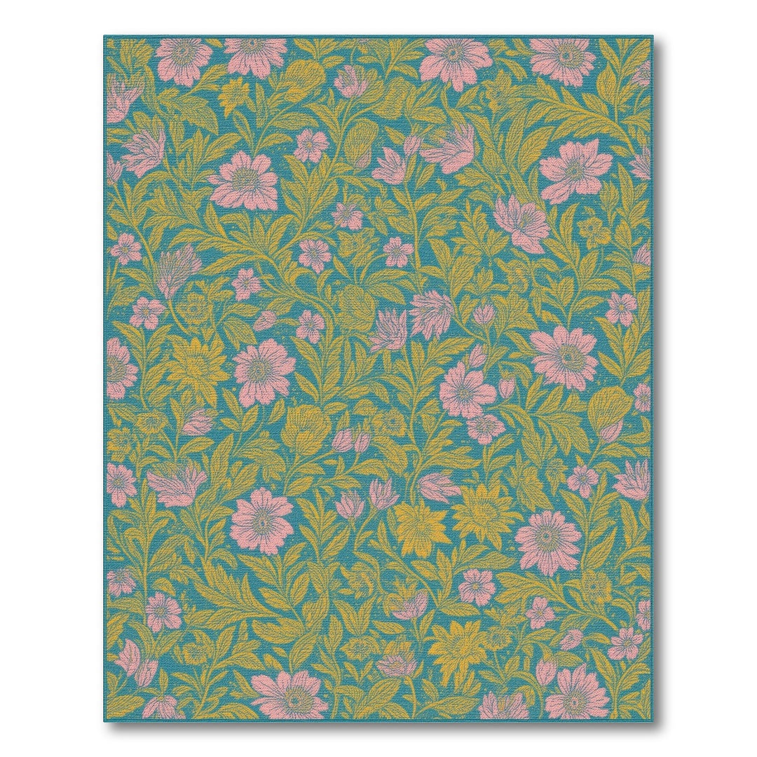 Teal Vintage Floral Washable Area Rug