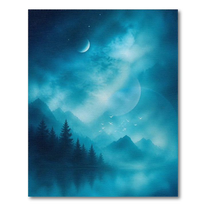 Blue Teal Moonlit Mountain Area Rug