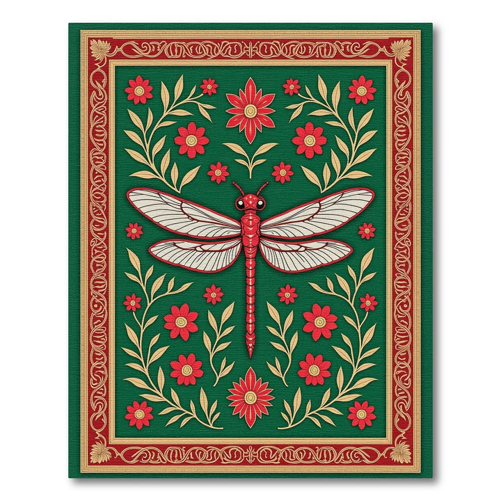Emerald Red Dragonfly Floral Border Rug