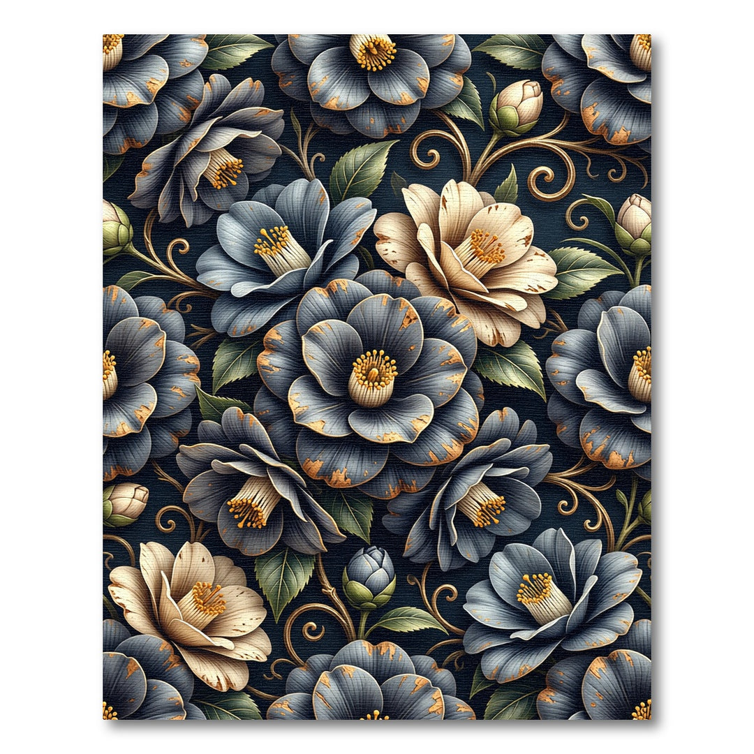 Dark Blue Floral Scroll Camellia Rug