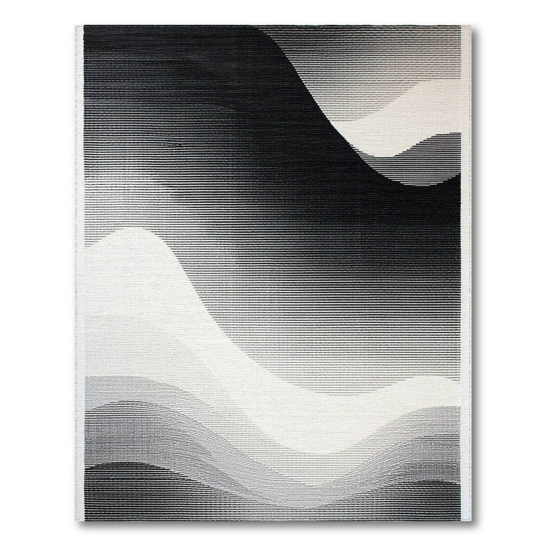 Black White Abstract Wave Area Rug