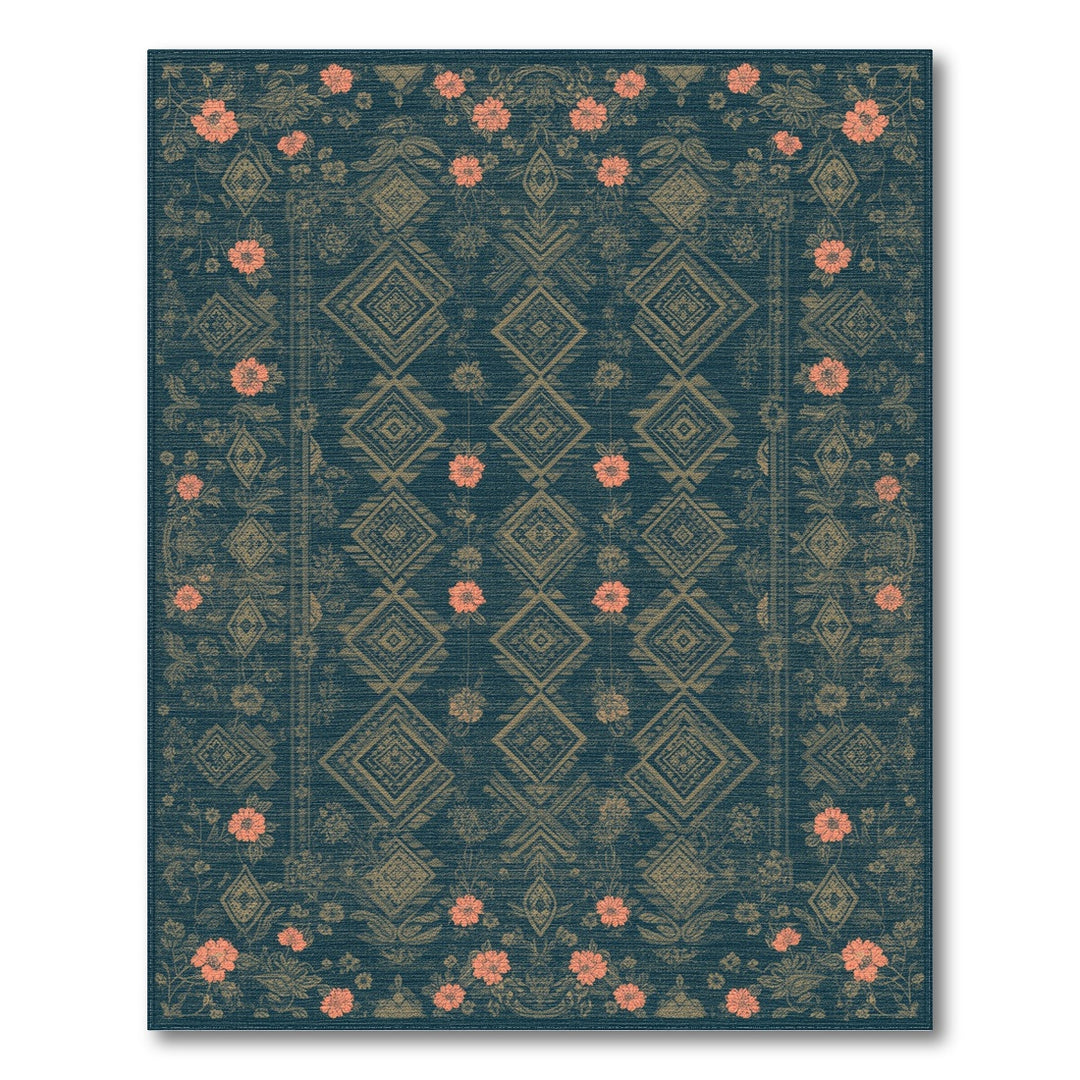 Teal Coral Floral Diamond Area Rug