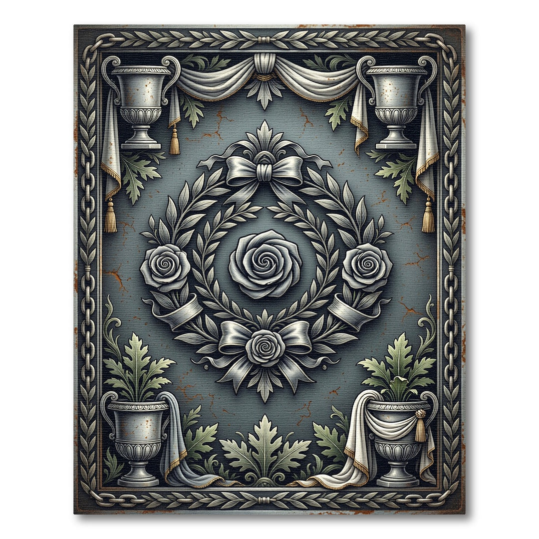Ornate Silver Rose Wreath Tapestry Rug