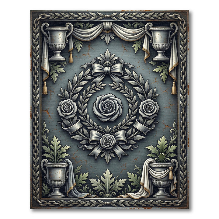 Ornate Silver Rose Wreath Tapestry Rug