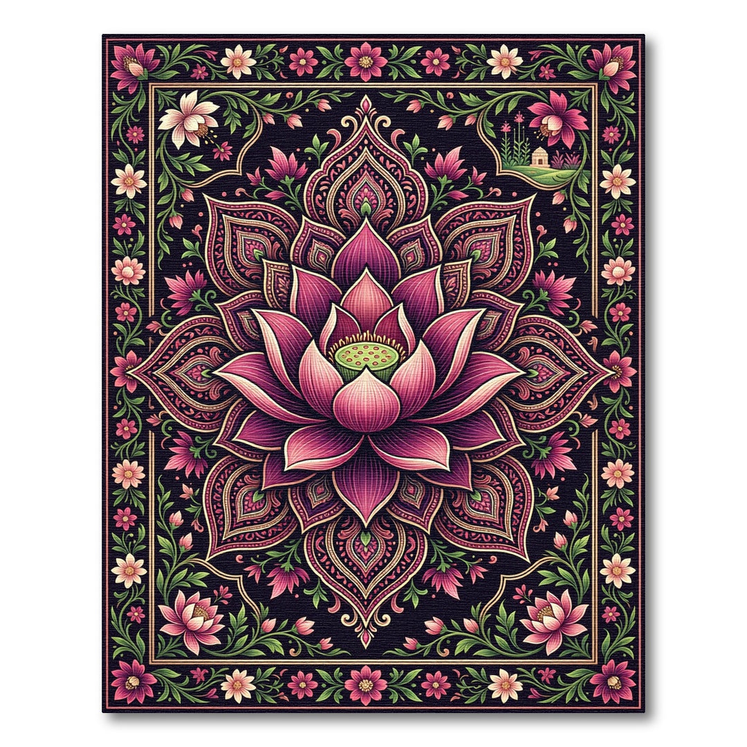 Rich Indigo Lotus Floral Arrangement Rug