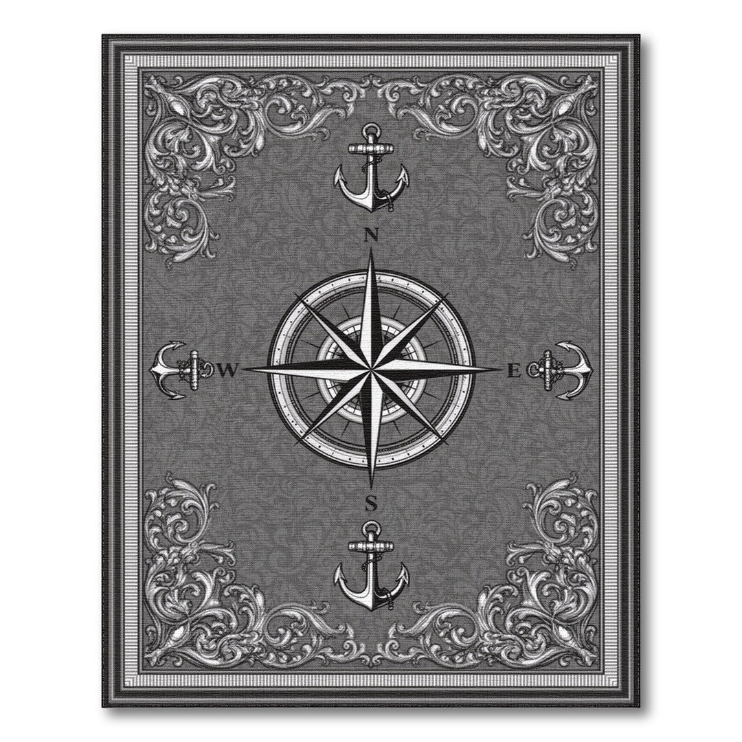 Black White Nautical Compass Anchor Area Rug