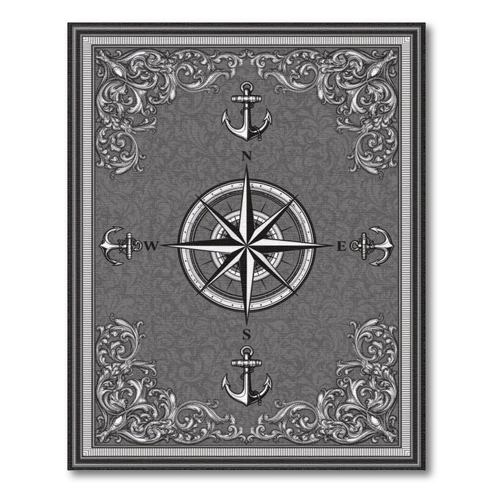 Black White Nautical Compass Anchor Area Rug