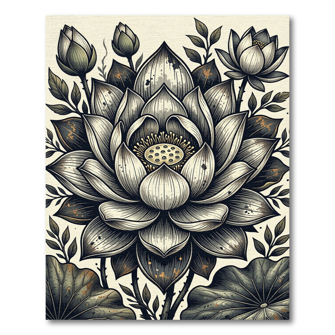 Monochromatic Lotus Flower Botanical Scene Rug