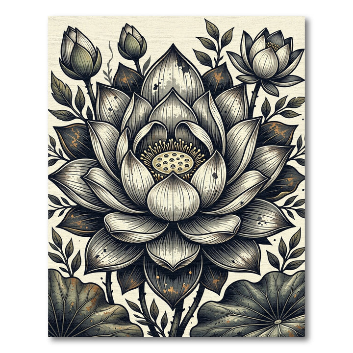 Monochromatic Lotus Flower Botanical Scene Rug