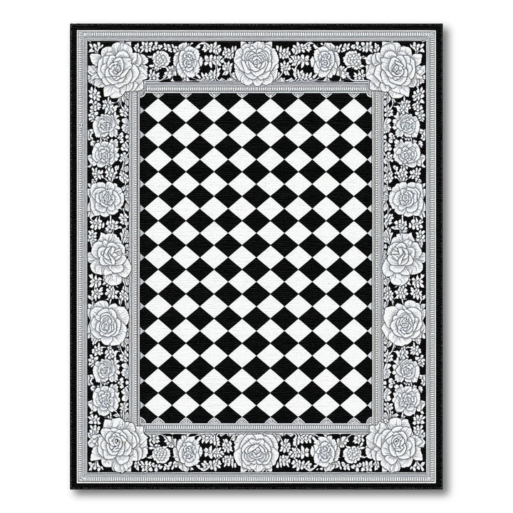 Black White Rose Floral Checkered Area Rug