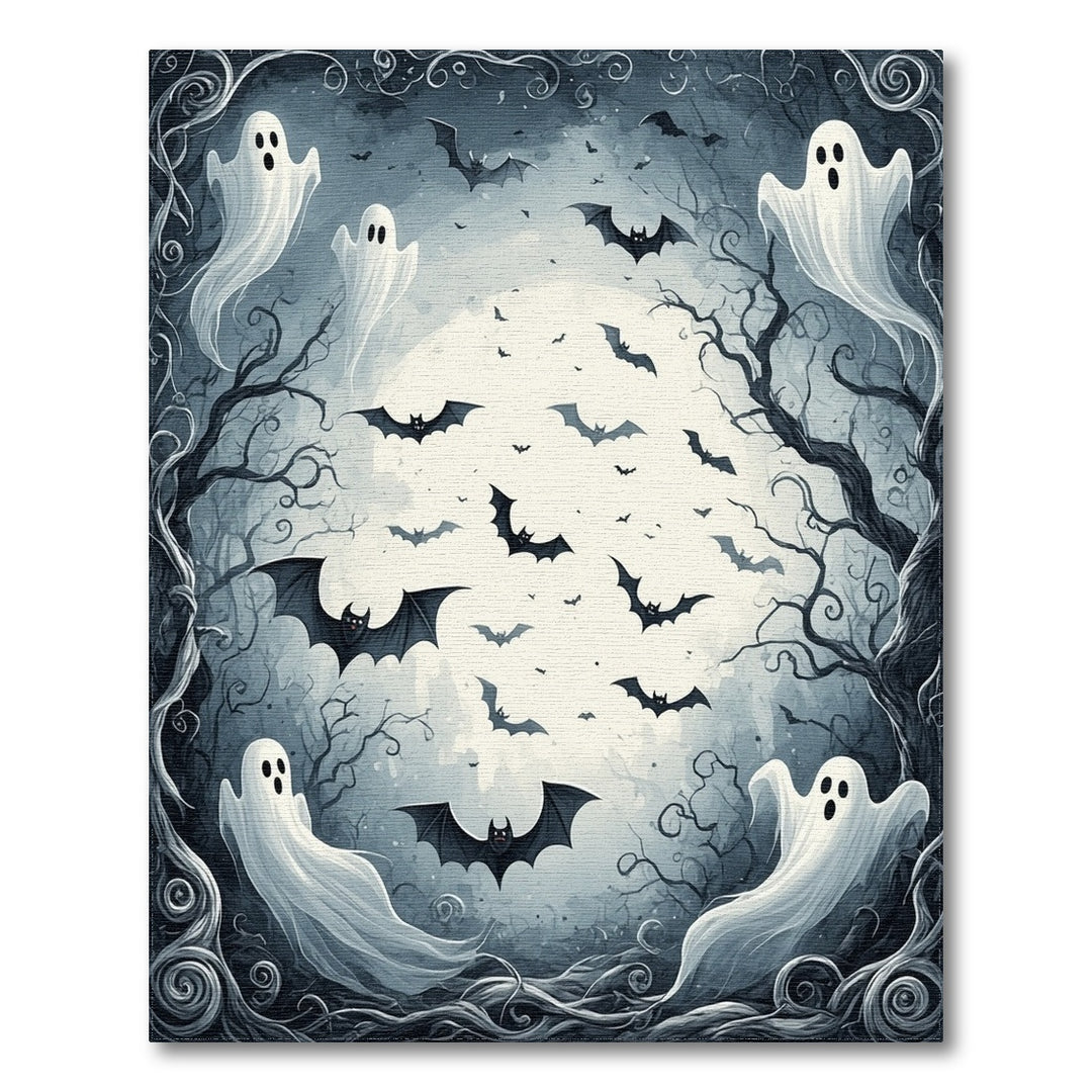 Moonlit Ghosts and Bats Black White Area Rug