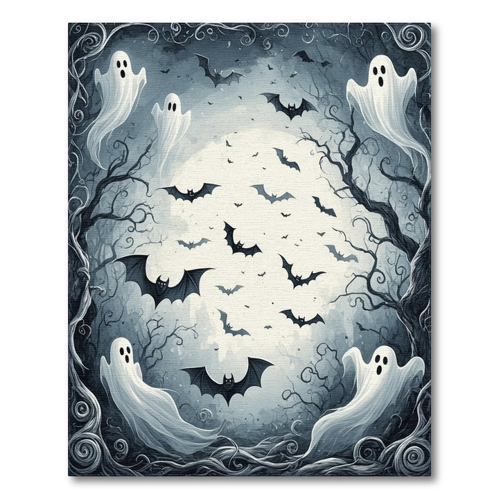 Moonlit Ghosts and Bats Black White Area Rug
