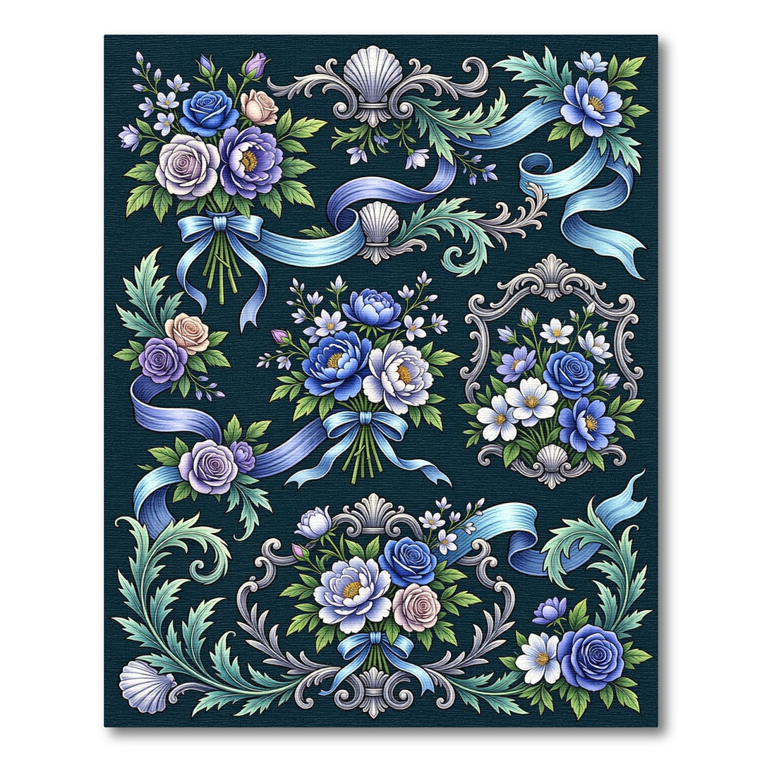 Ornate Blue Floral Ribbon Garland Rug