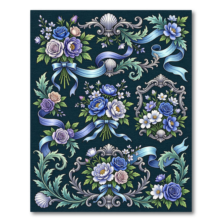 Ornate Blue Floral Ribbon Garland Rug