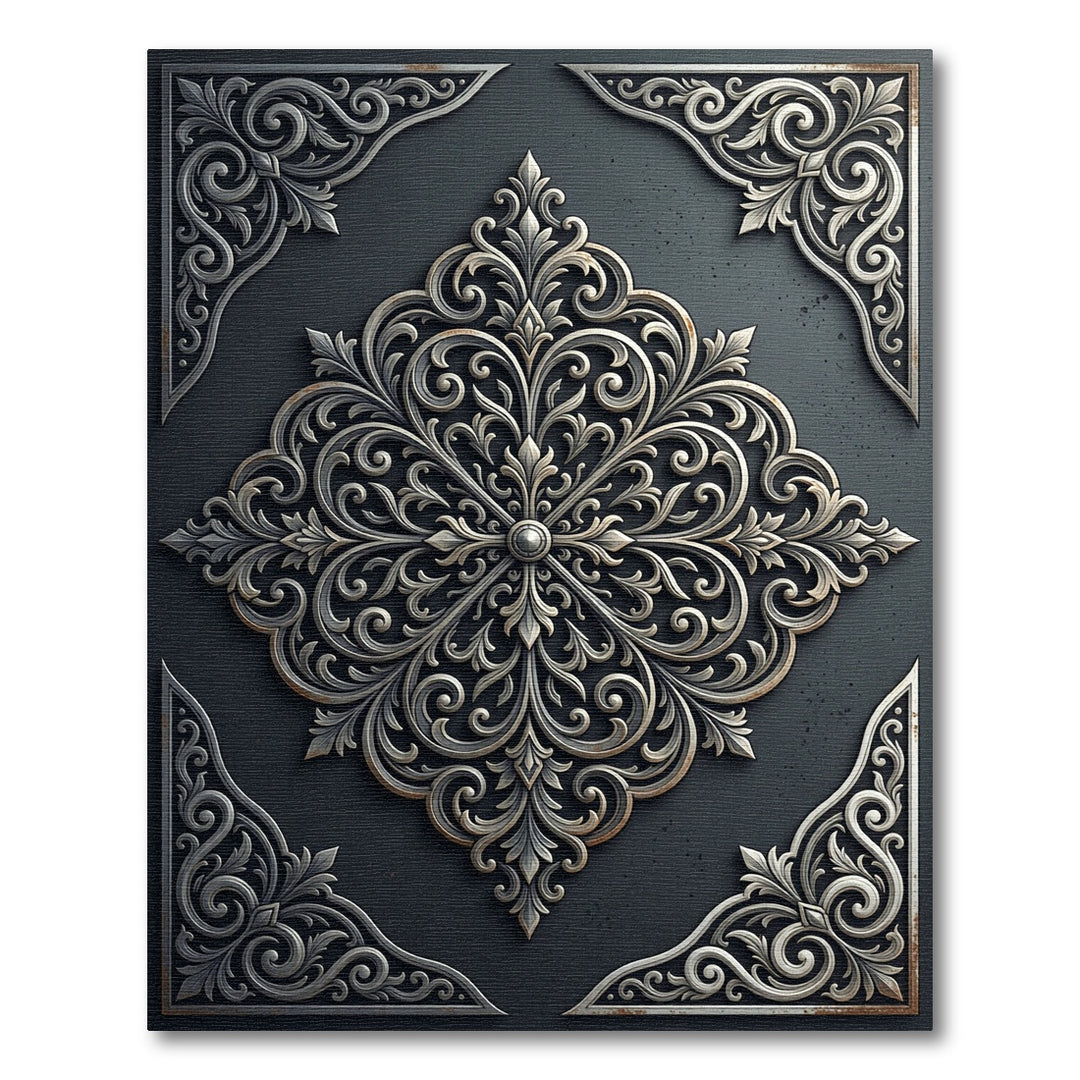Silver Metal Scrollwork Square Rug