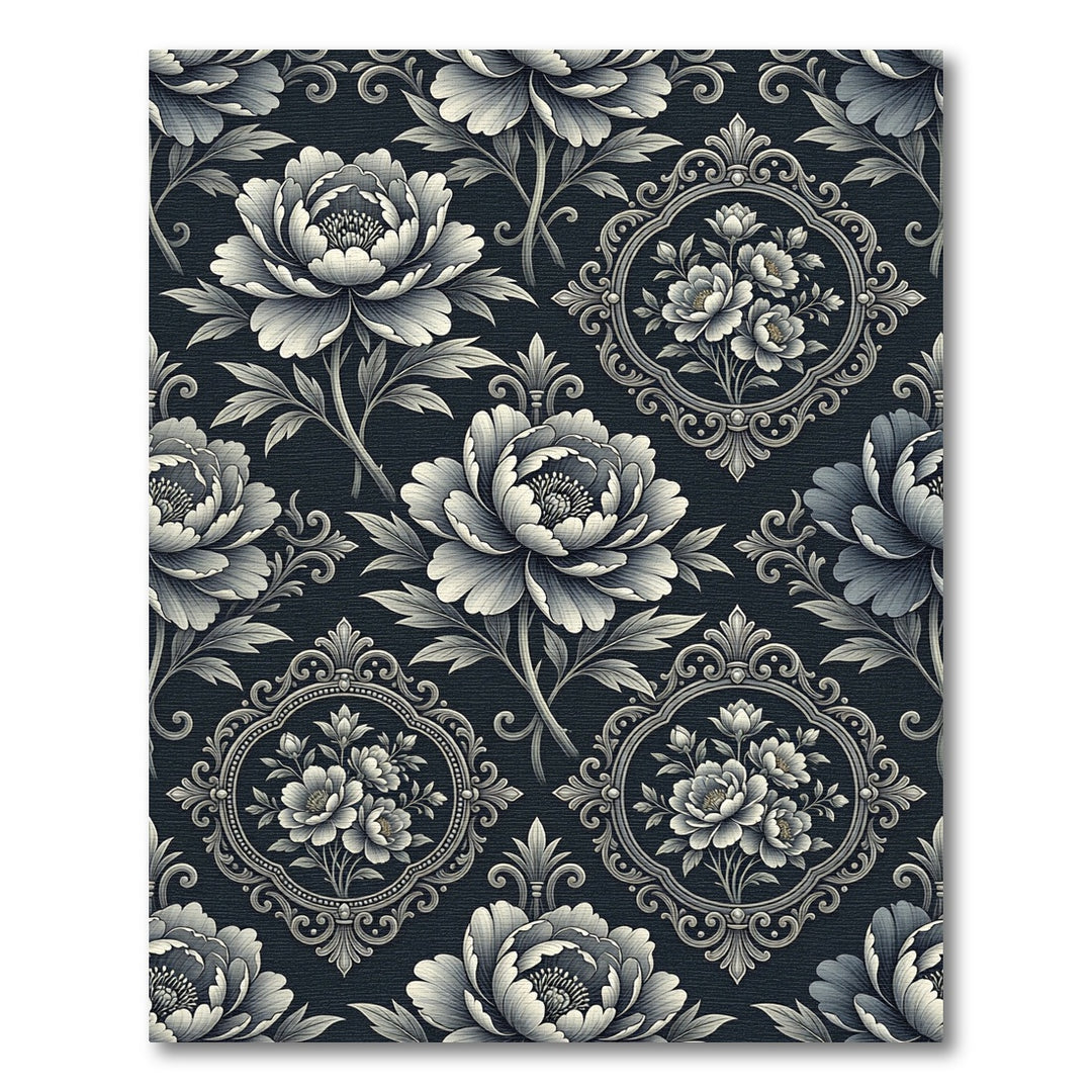 Classic Black and White Floral Scroll Rug