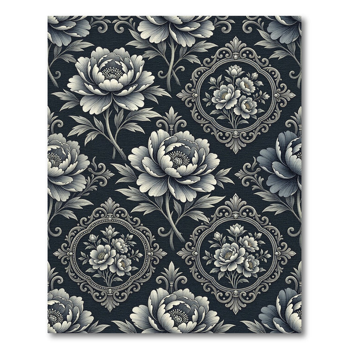 Classic Black and White Floral Scroll Rug