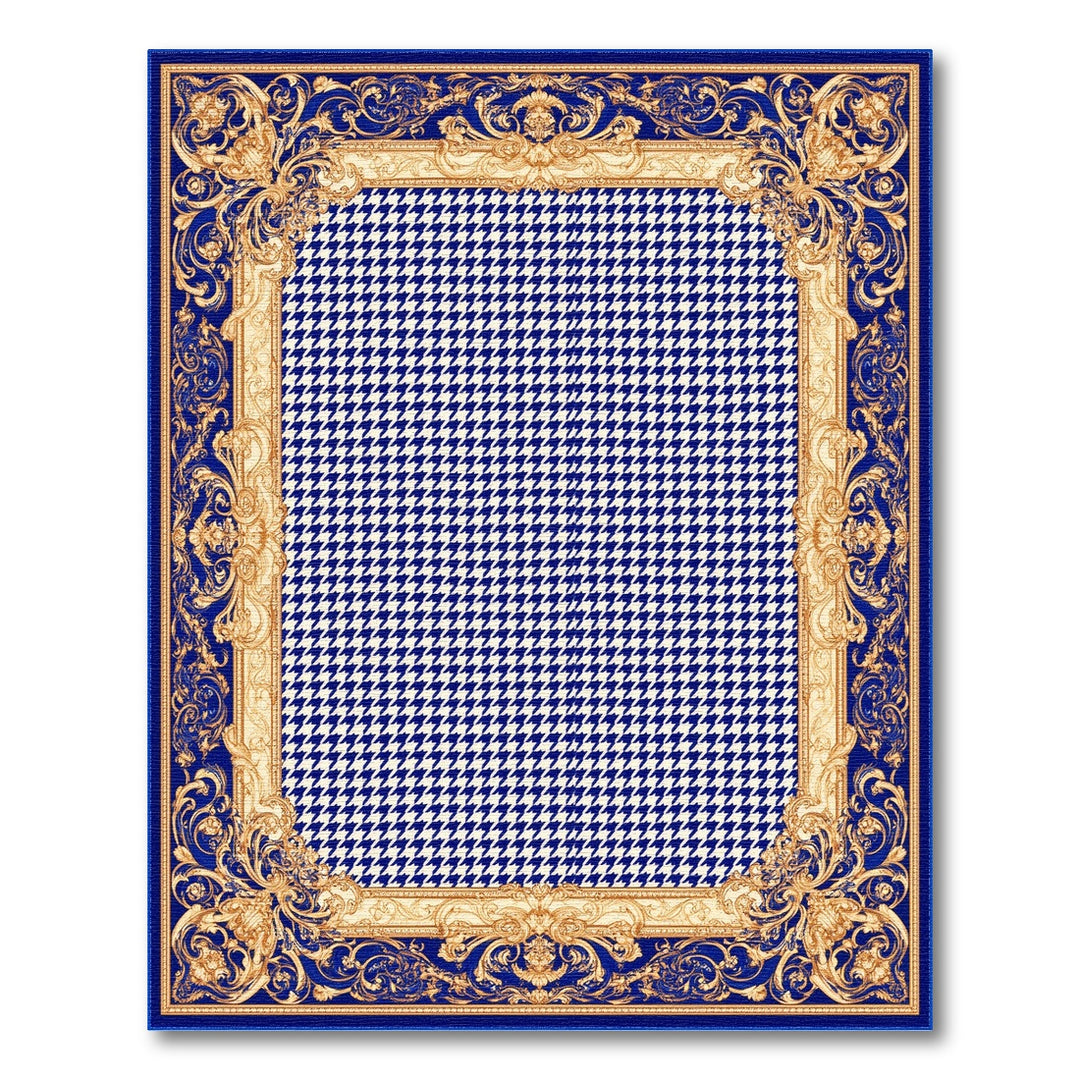 Blue Houndstooth Gold Border Area Rug