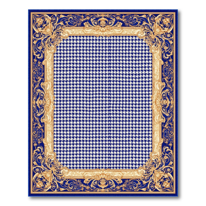 Blue Houndstooth Gold Border Area Rug