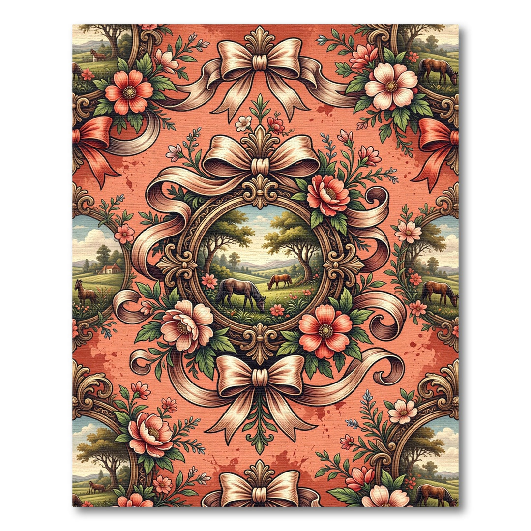 Coral Ribbon Floral Landscape Carousel Rug