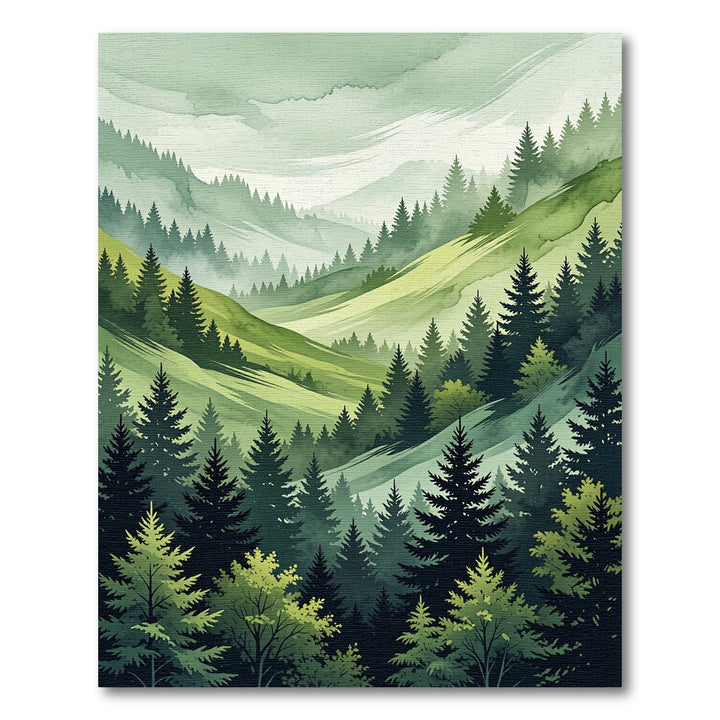 Misty Evergreen Forest Landscape Watercolor Rug
