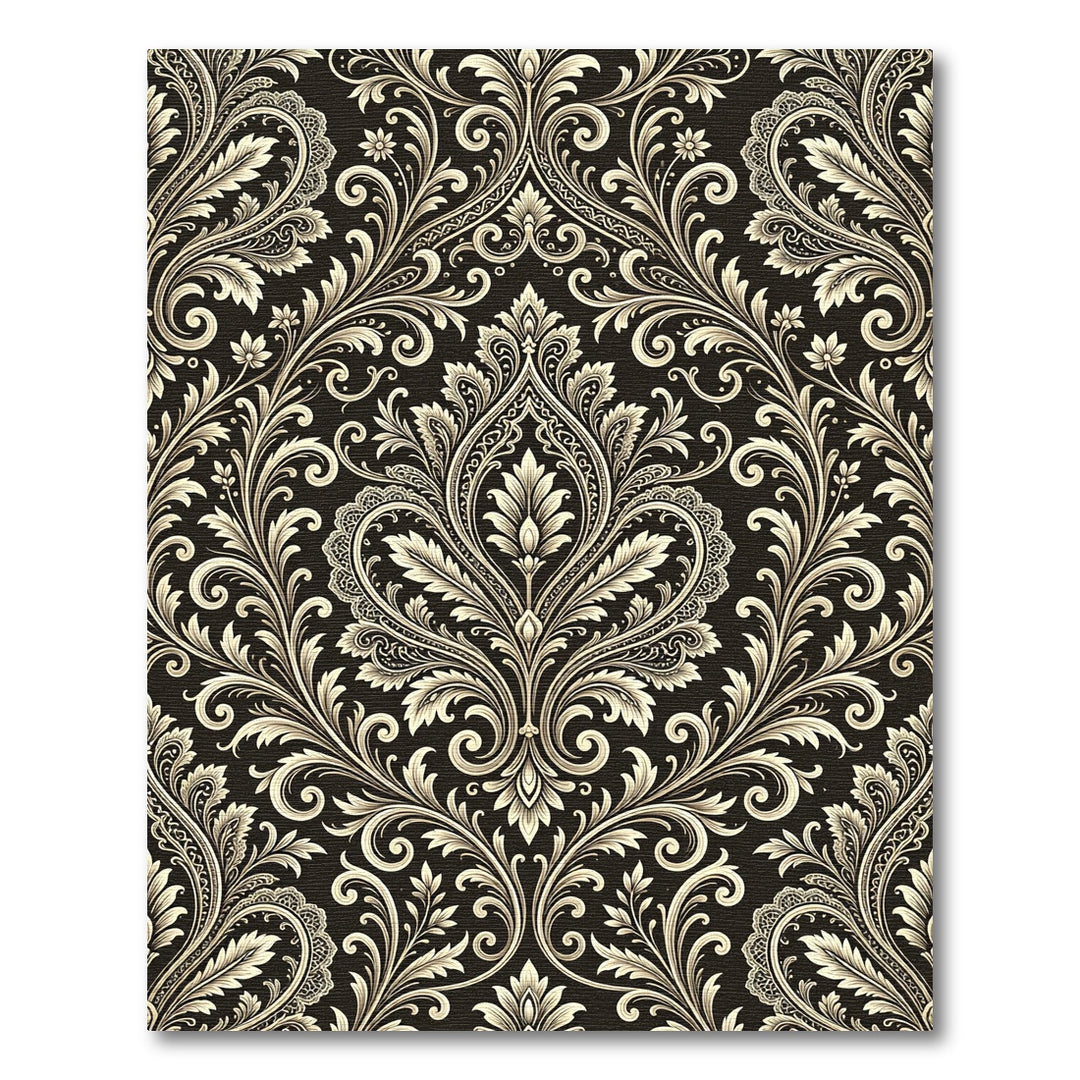 Earthy Cream Black Ornate Damask Rug